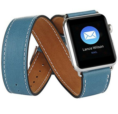 Curea iUni compatibila cu Apple Watch 1/2/3/4/5/6/7, 40mm, Double Tour, Piele, Albastru