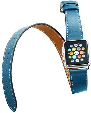 Curea iUni compatibila cu Apple Watch 1/2/3/4/5/6/7, 44mm, Double Tour, Piele, Albastru