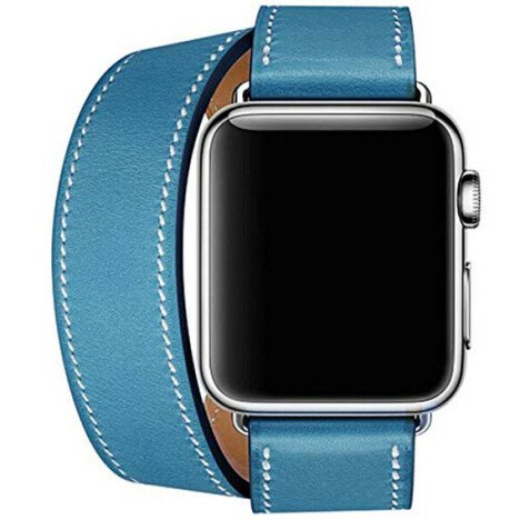 Curea iUni compatibila cu Apple Watch 1/2/3/4/5/6/7, 44mm, Double Tour, Piele, Albastru