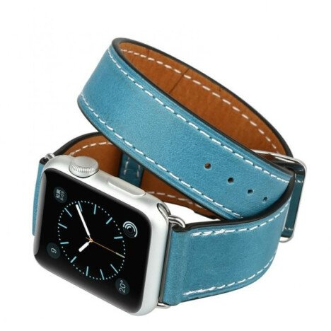 Curea iUni compatibila cu Apple Watch 1/2/3/4/5/6/7, 44mm, Double Tour, Piele, Albastru